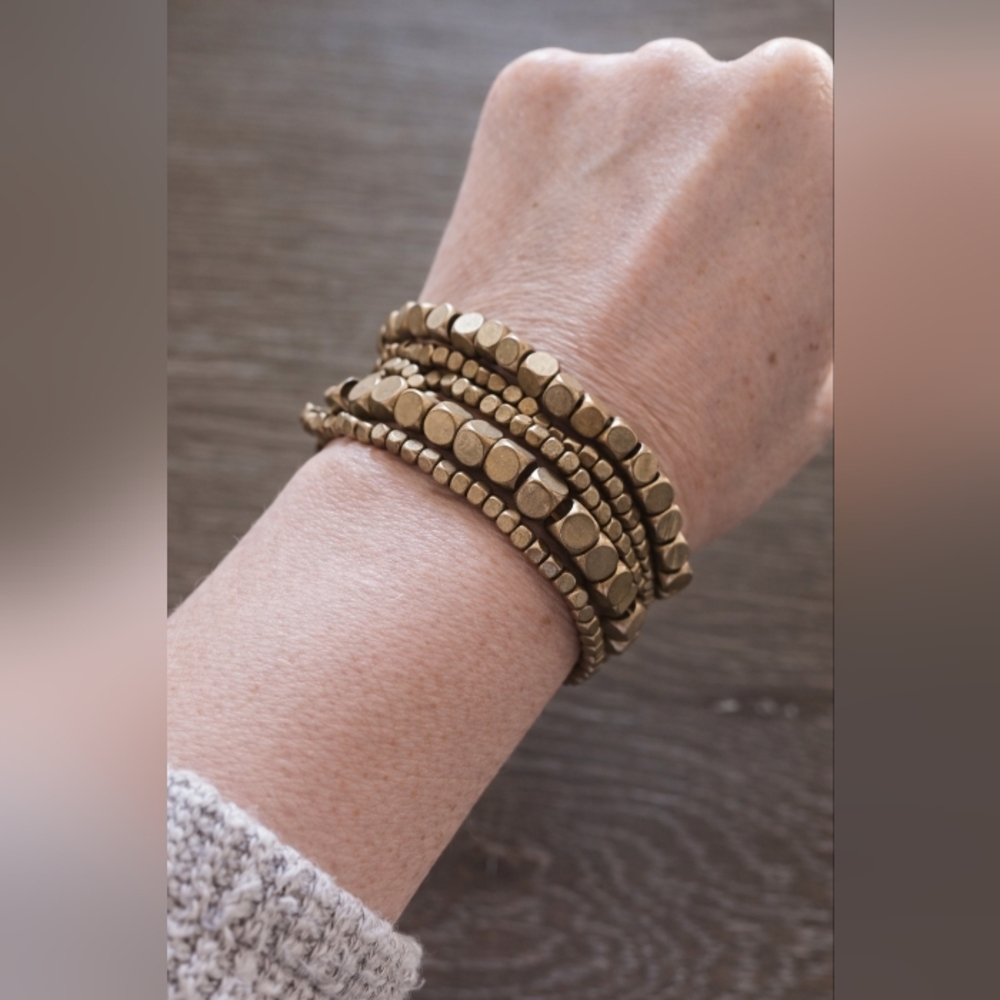 Stretchy metal brass-colored square bead stackable bracelet set of 5